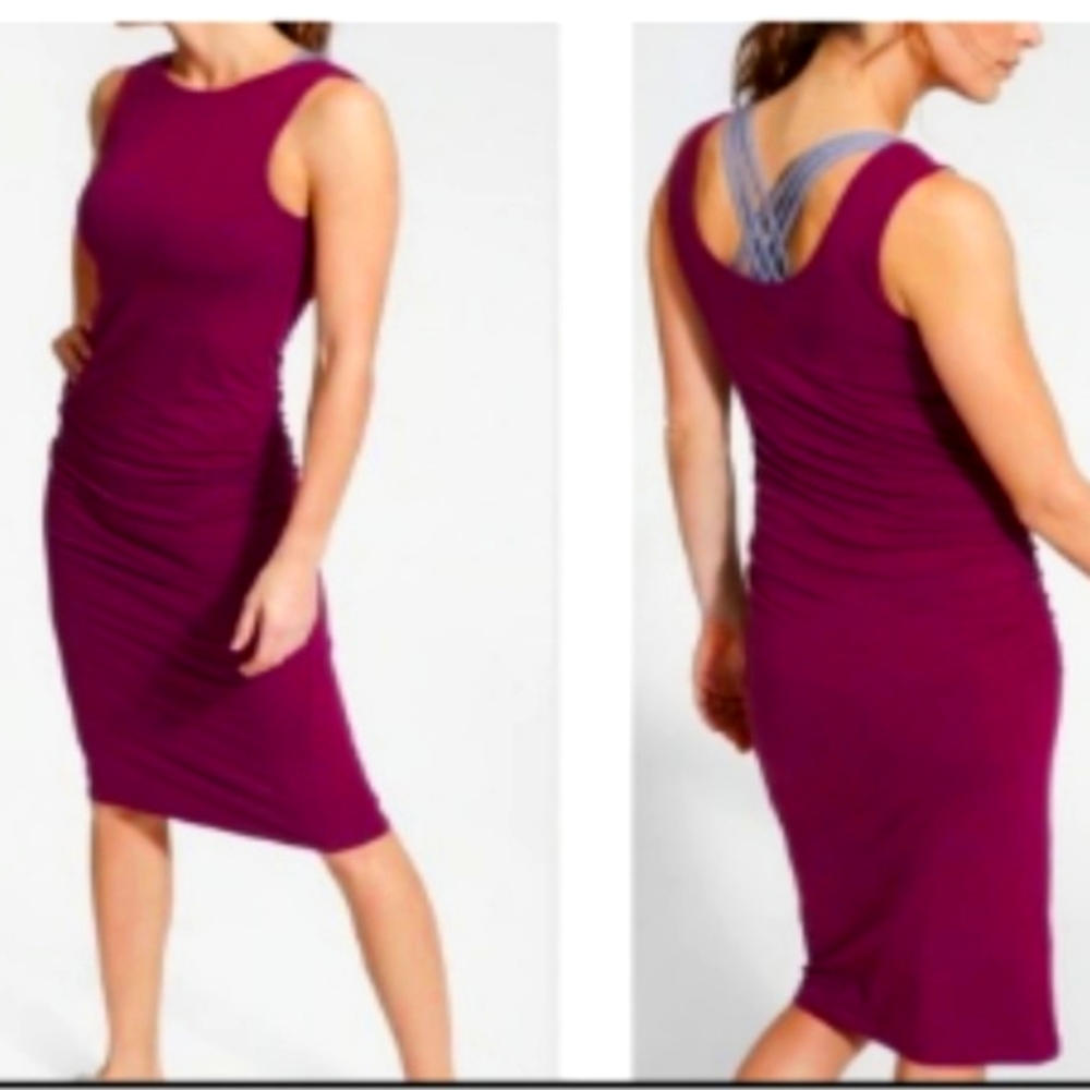 Athleta Midi Dress, plum, ruched,style 786018